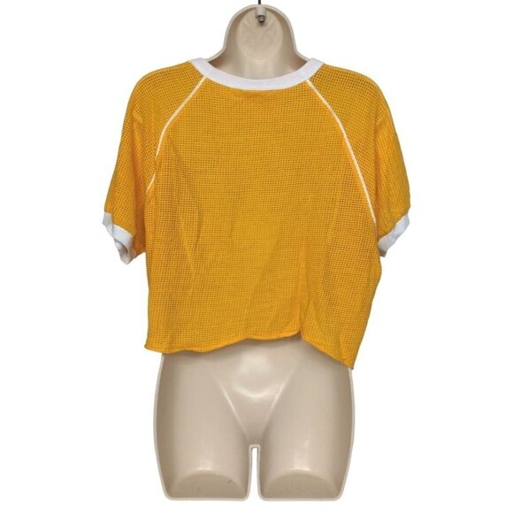 Urban Outfitters Women's Crop Top Size Medium Solid Gold Sheer Mesh Short Sleeve - Picture 3 of 5